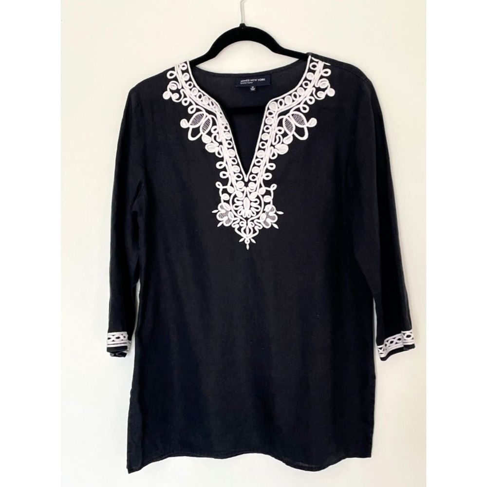 Jones New York 100% Linen Blouse Top Size Medium Neutral Boho A40